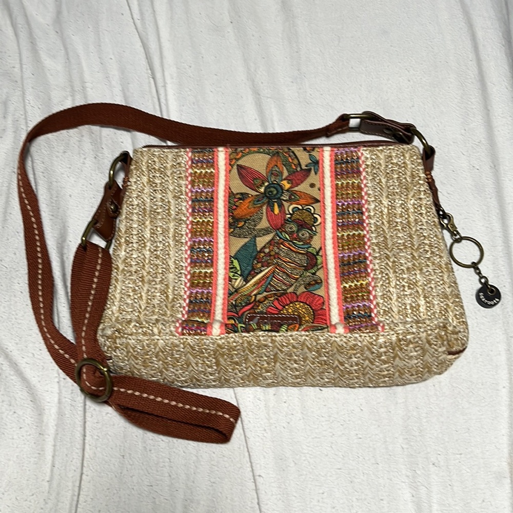 Vintage Sakroots Crossbody bag spirit desert owl straw weave & canvas EUC